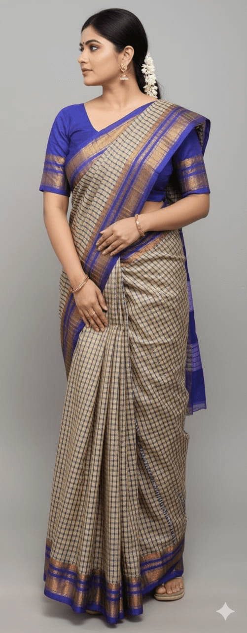 Woman wearing a beige and royal blue handloom cotton check saree with gold zari border.