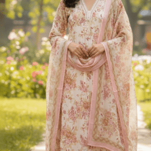 Woman wearing a cream floral printed salwar kameez set with white lace borders.