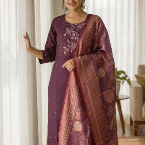 Woman wearing a deep wine embroidered kurta set with a large floral printed dupatta.