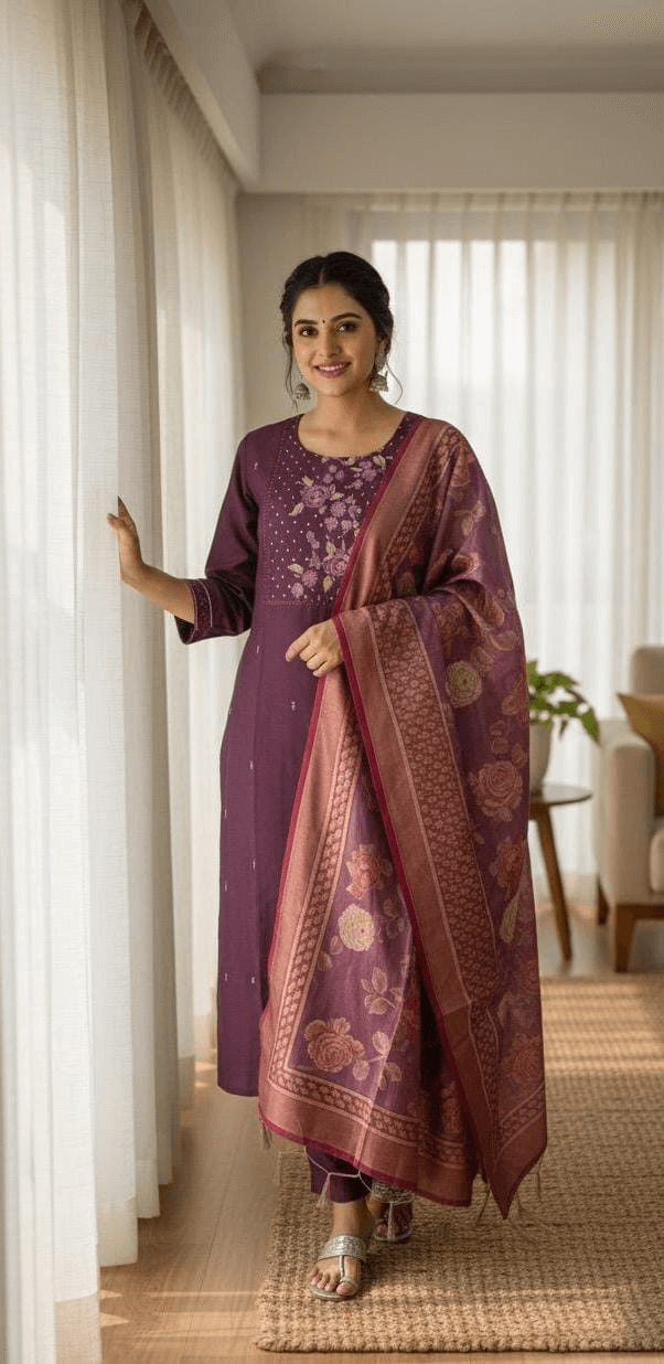Woman wearing a deep wine embroidered kurta set with a large floral printed dupatta.