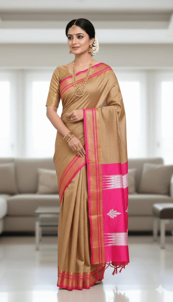 Woman wearing a gold silk saree with a vibrant pink border and traditional jewelry.