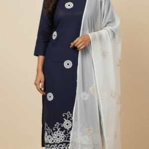 Women's maroon straight cotton kurta set with blue floral embroidery and matching pants.