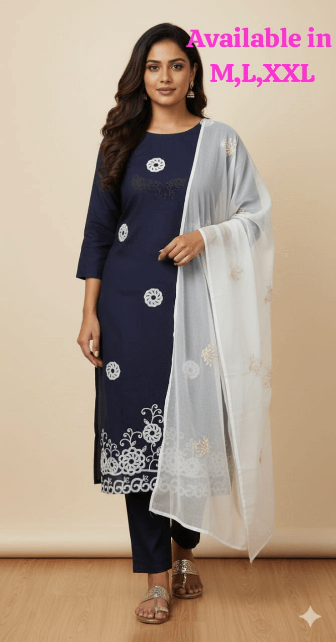 Women's maroon straight cotton kurta set with blue floral embroidery and matching pants.