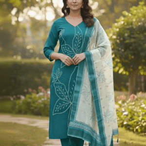 Woman wearing a maroon embroidered kurta set with a traditional patterned dupatta.