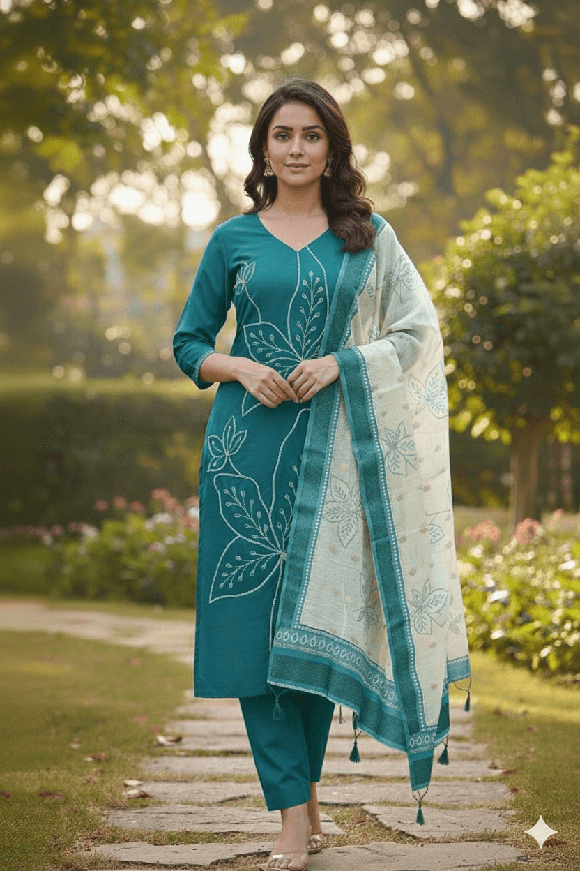 Woman wearing a maroon embroidered kurta set with a traditional patterned dupatta.