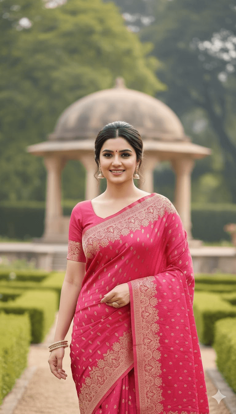Traditional pink handloom silk saree with intricate gold zari floral border and motifs.
