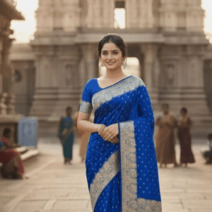 Woman wearing a royal blue Banarasi silk saree with heavy gold zari border in front of a temple.