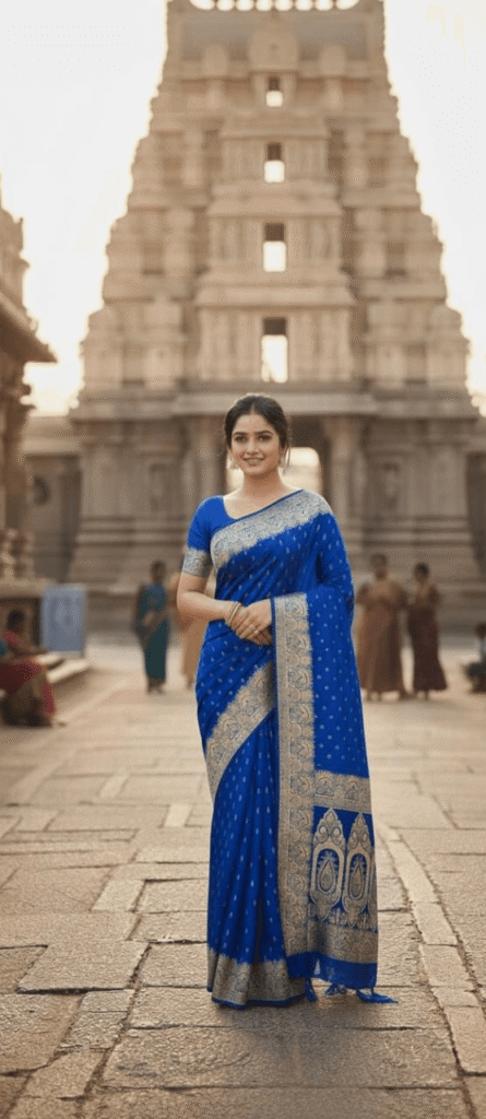 Woman wearing a royal blue Banarasi silk saree with heavy gold zari border in front of a temple.