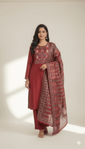Woman wearing a teal maroon embroidered kurta set with an ivory floral dupatta.