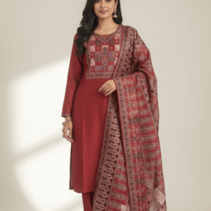 Woman wearing a teal maroon embroidered kurta set with an ivory floral dupatta.