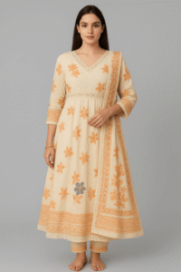 Beige Anarkali suit set for women with orange floral prints and lace dupatta.