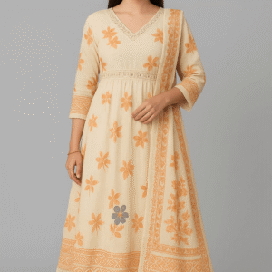 Beige Anarkali suit set for women with orange floral prints and lace dupatta.
