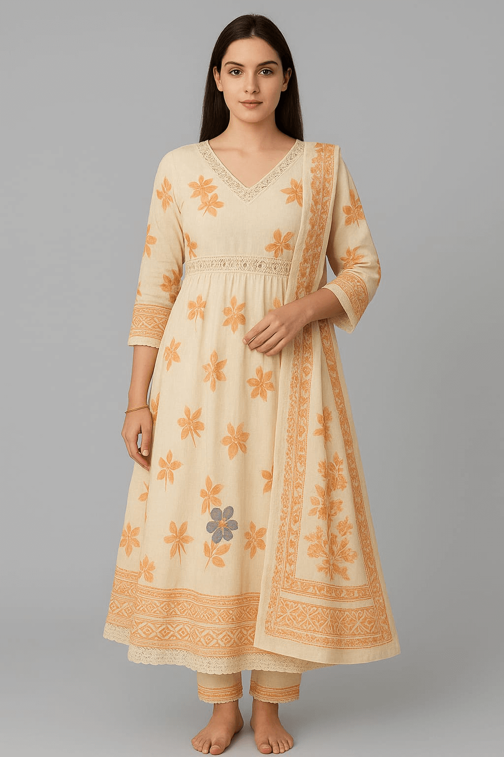 Beige Anarkali suit set for women with orange floral prints and lace dupatta.