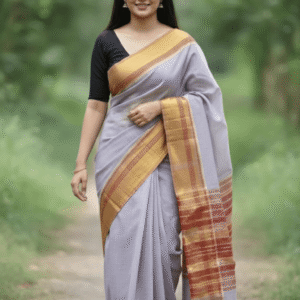 Woman wearing a grey handloom cotton saree with a broad golden zari border and black blouse.