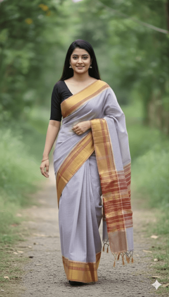 Woman wearing a grey handloom cotton saree with a broad golden zari border and black blouse.