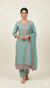 Women's teal green silk kurta set with pink floral embroidery and matching dupatta.