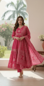 Woman wearing a vibrant pink tiered Anarkali kurta set with white ethnic prints.