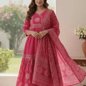 Woman wearing a vibrant pink tiered Anarkali kurta set with white ethnic prints.