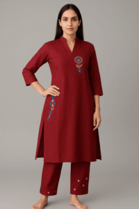 Women's maroon straight-cut cotton kurta with blue floral embroidery and matching trousers.