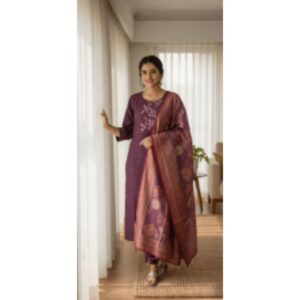 Wine Embroidered Kurta Set With Floral Silk Dupatta